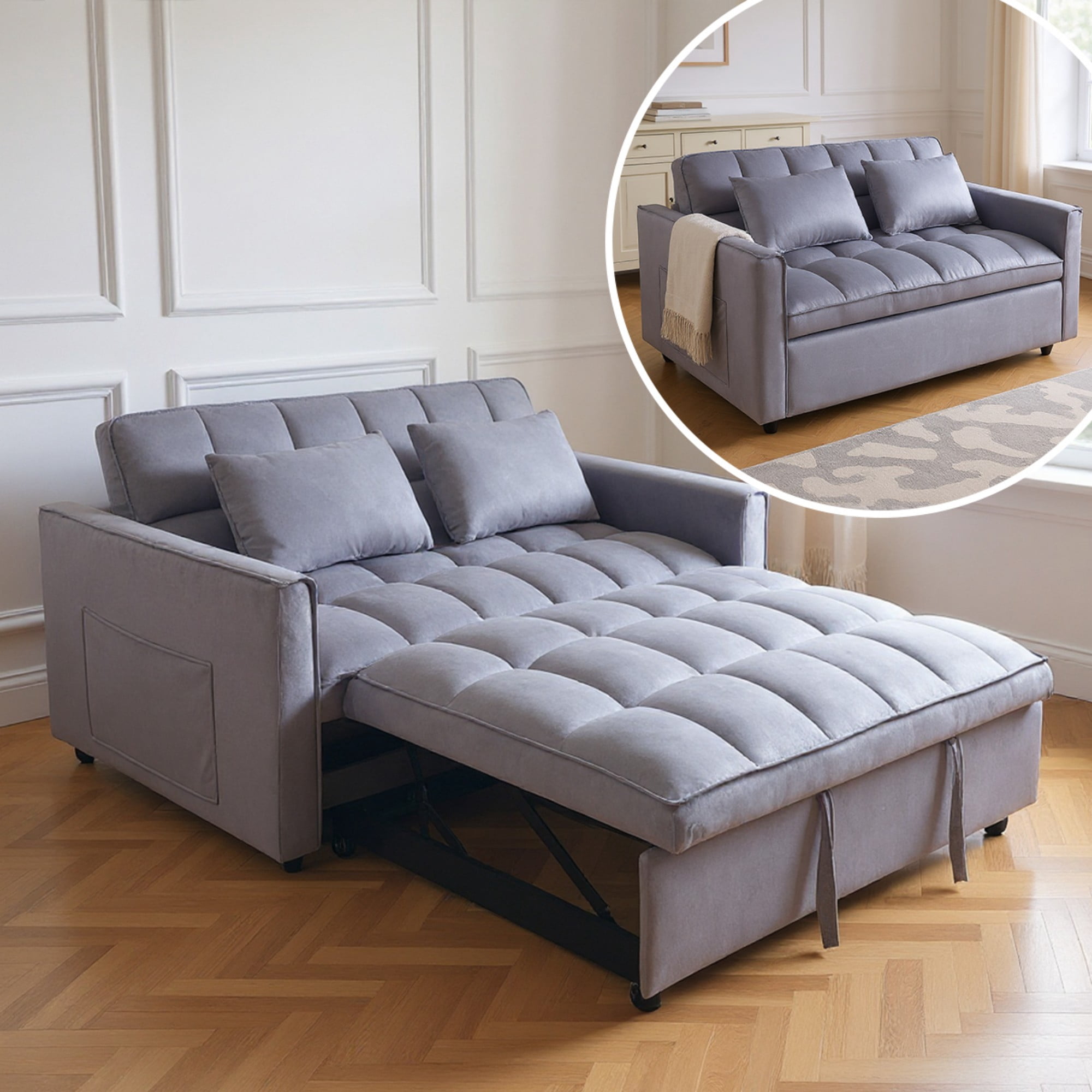 Gewnee 51.1 Inch Convertible Sofa Bed,Velvet Loveseat Sofa with Foldable Sofa Bed,Sleeper Sofa for Living Room or Office,Futon Sofa with Adjustable Backrest.Dark Grey