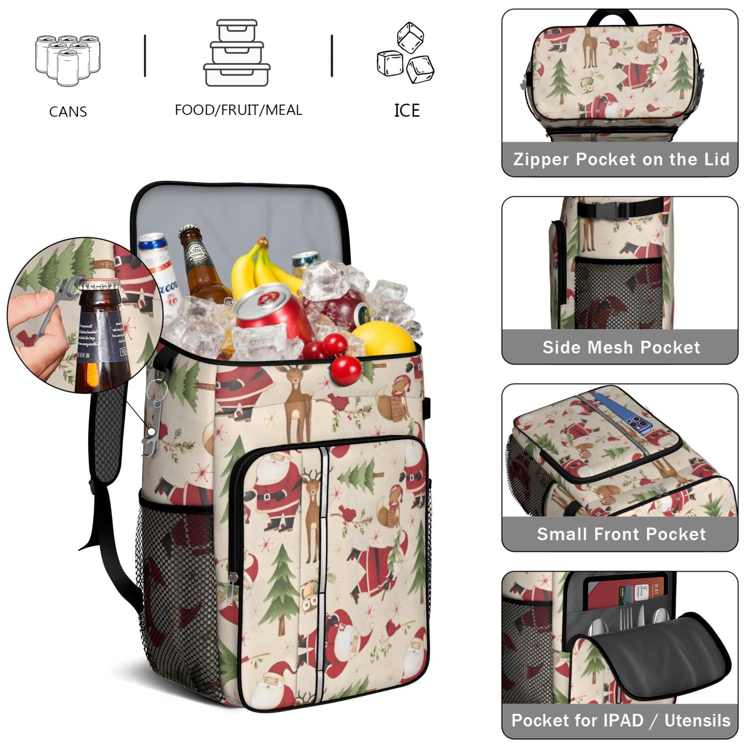 Travel Cooler Bag - Beige Christmas Santa and Animal Pattern Camping Beer Cooler Backpack with Bottle Opener- Waterproof Insulated Picnic Backpacks - Cooler Bag for Beach