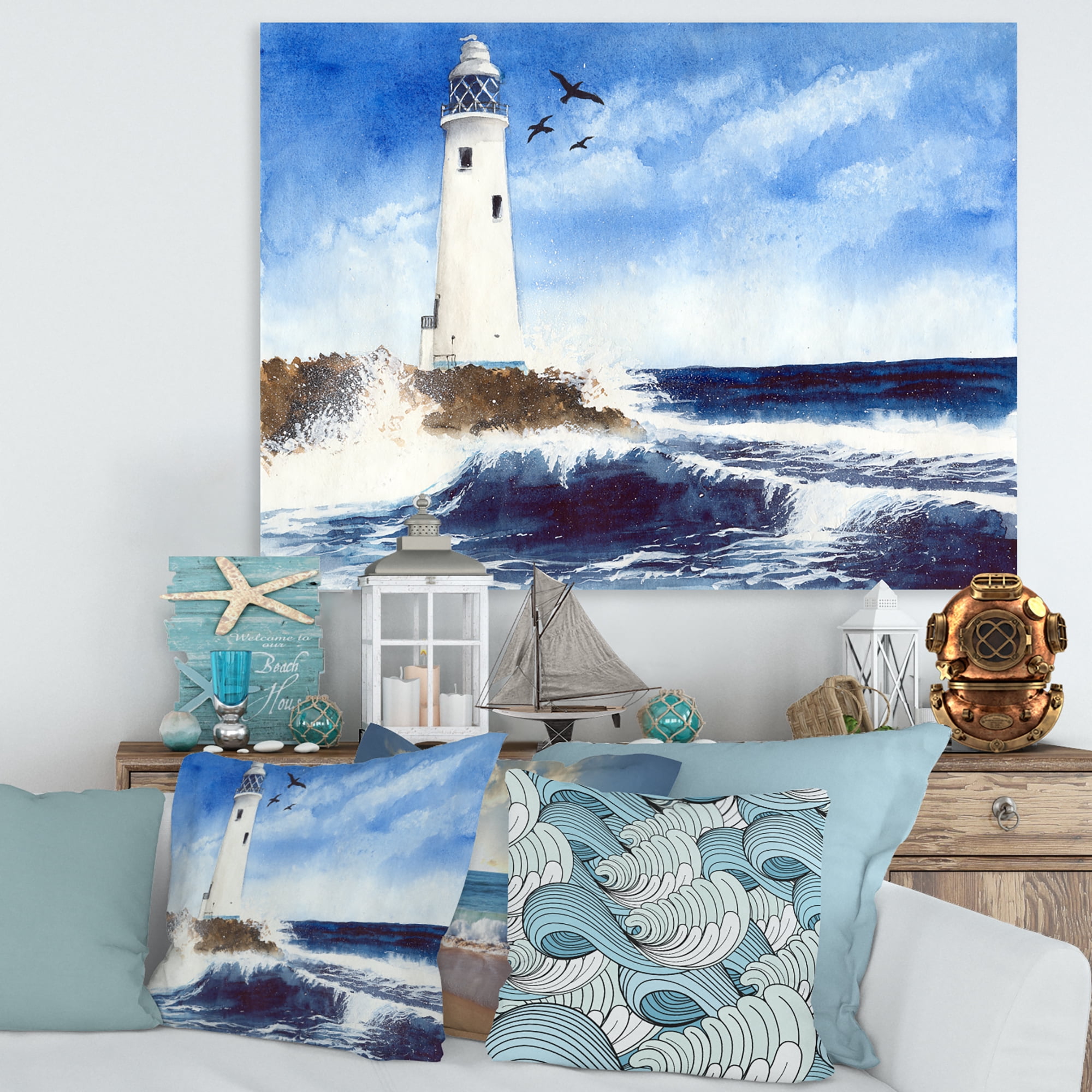 Designart ' Seagulls With Lighthouse On The Rocky Island ' Nautical & Coastal Canvas Wall Art Print