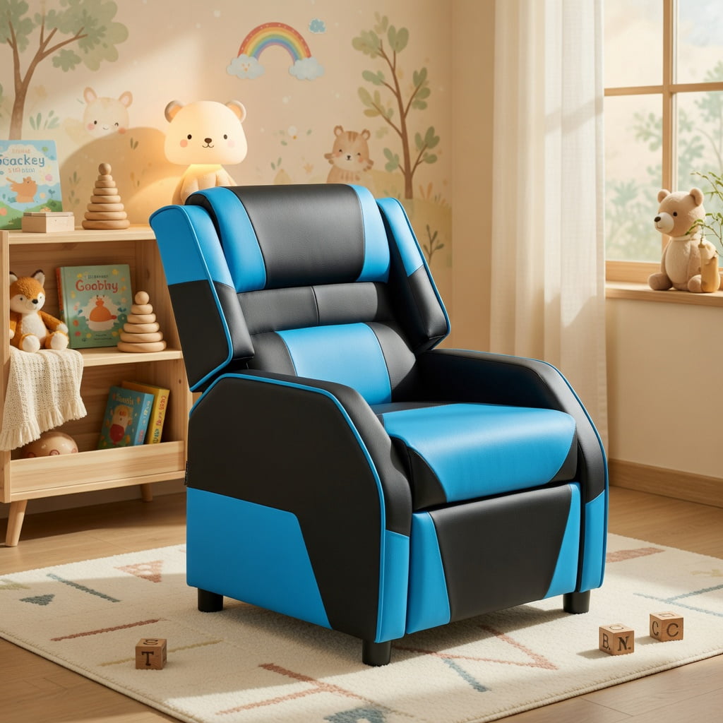 Barara King Kids PU Leather Recliner Chair with Headrest and Footrest, Kids Gaming Sofa Recliner Chair for Living Room, Bedroom, Blue
