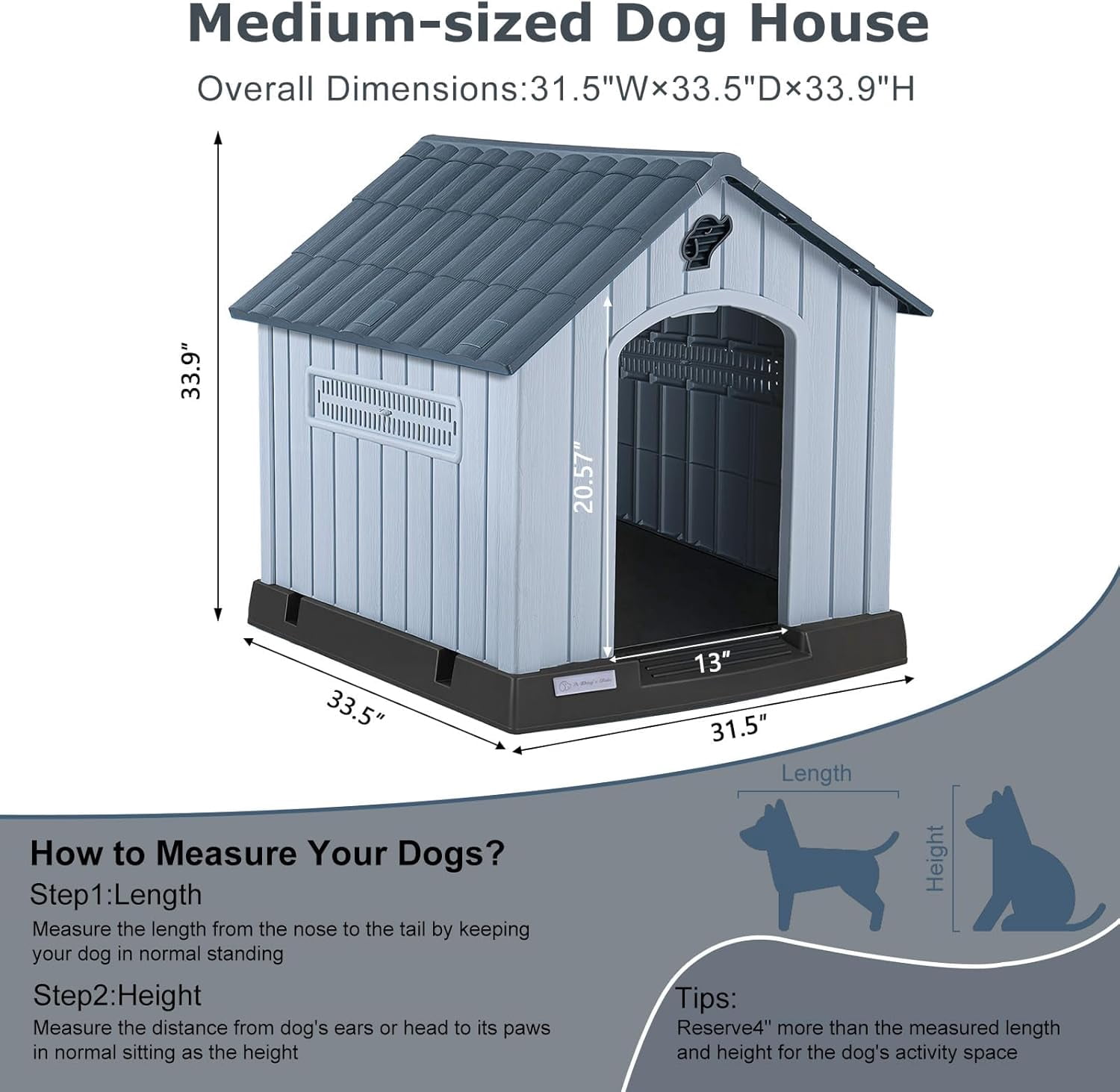 LEHOME Durable Waterproof Plastic Dog House for Small to Medium Sized Dogs, Indoor Outdoor Doghouse with Air Vents and Elevated Floor, Easy to Assemble (Gray, 33.5" L x 31.5" W x 33.9" H)