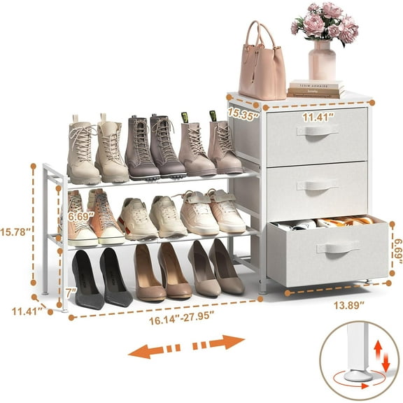 Expandable Closet Organizers, White Fabric Storage Dresser with 3 Drawers, Kids Clothes Shelves & Shoe Rack for Bedroom Closets