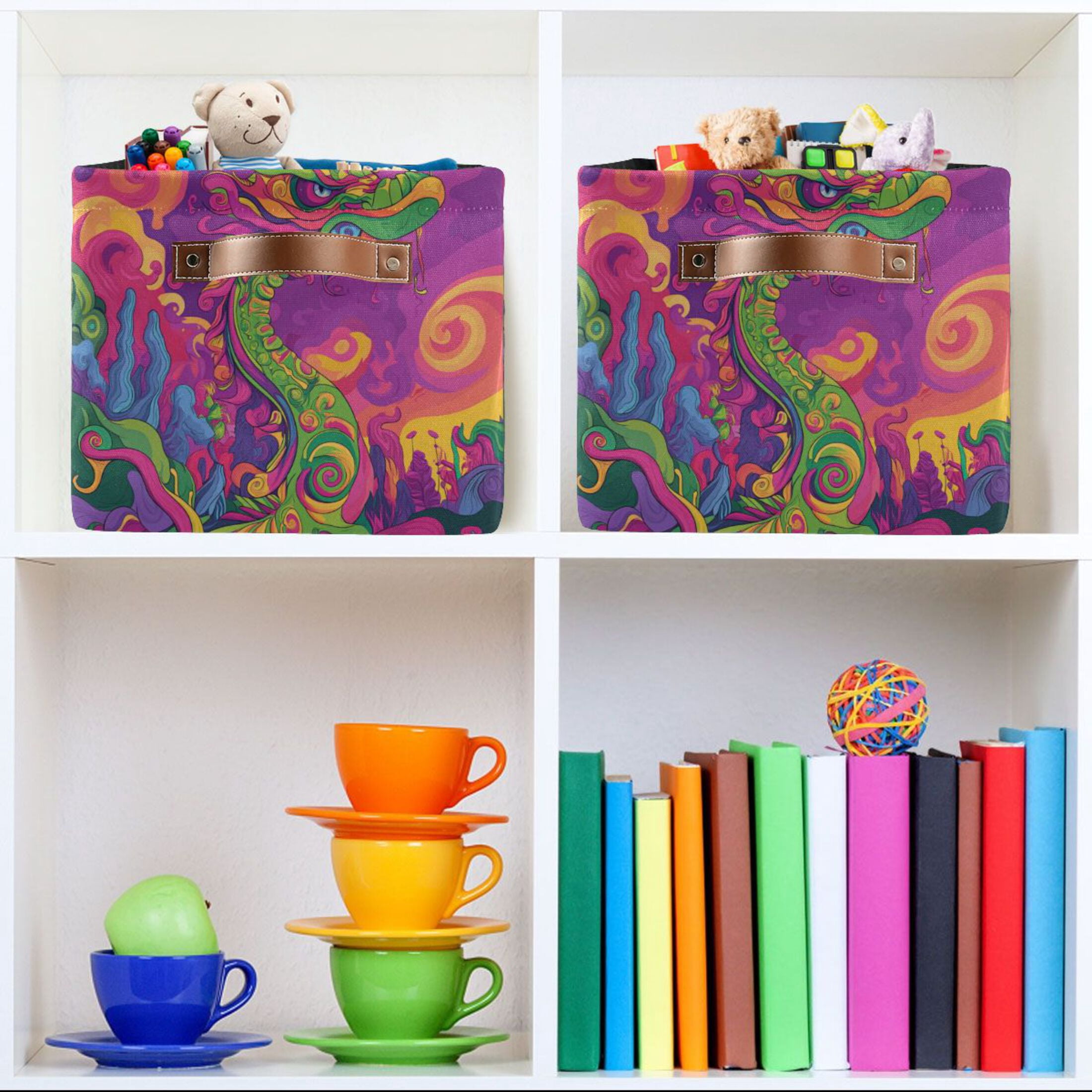 Psychedelic Cartoon Dragon Foldable Storage Basket,Canvas Fabric Foldable Storage Bins with Handles Open Home Storage Bins Boxes for Toy Book Shelf Closet Baskets