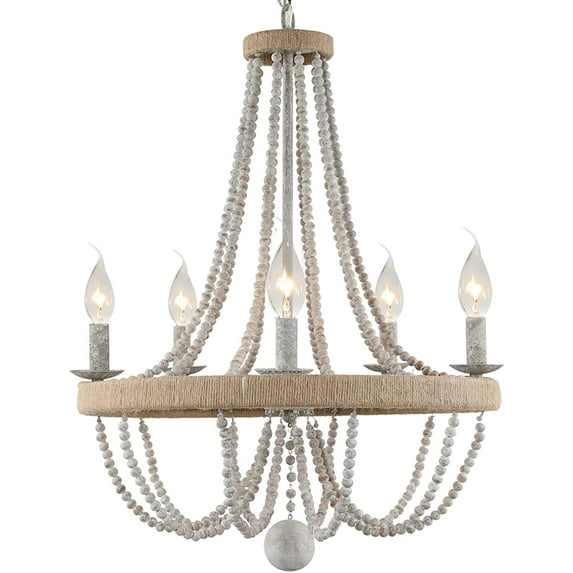 TOMIYA Beaded Chandelier Boho Wood Farmhouse Dining Room Light Fixture French Country Nursery Rustic 5- Light Pendant Light