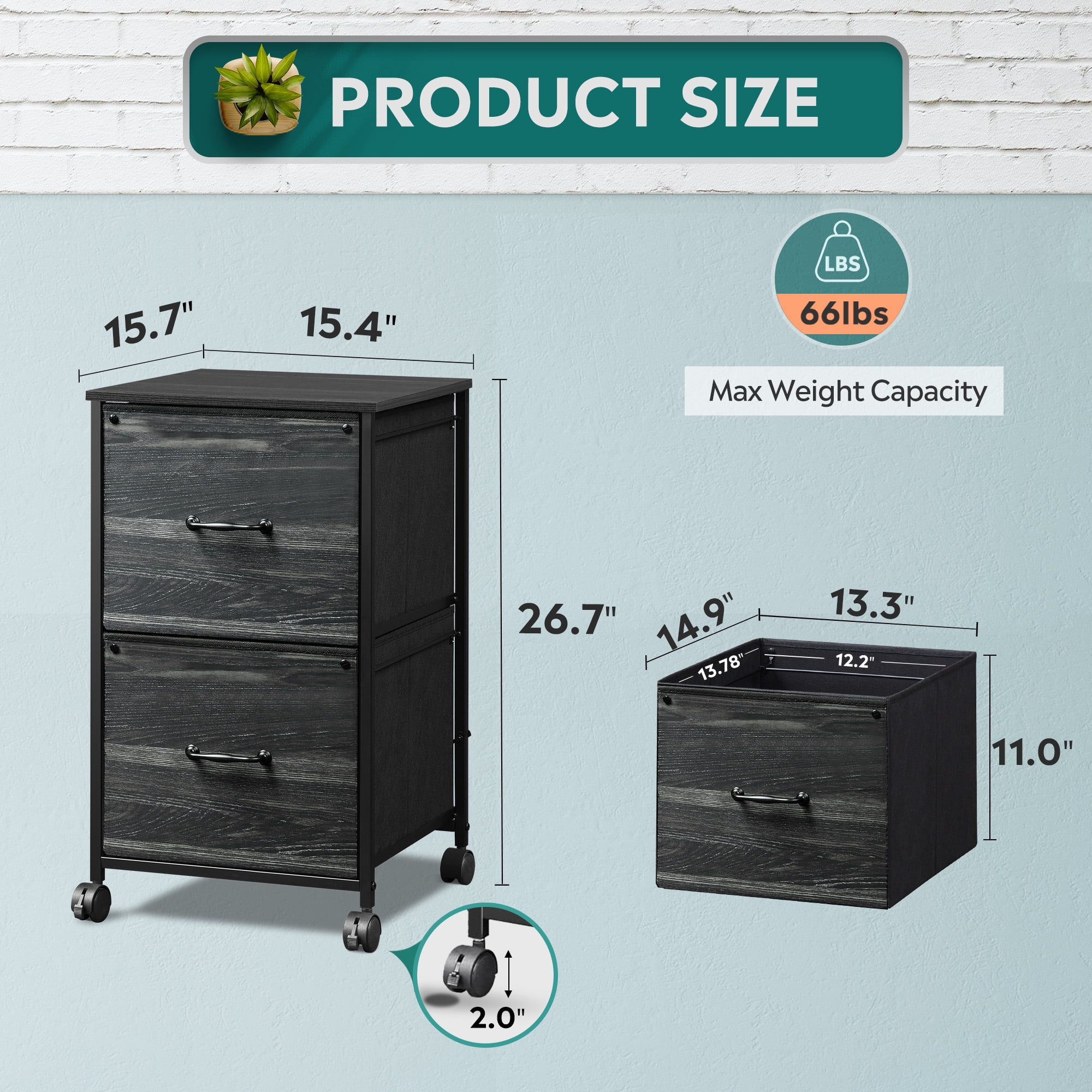 GALAXHERO 2 Drawer File Cabinet, Rolling Printer Stand Filing Cabinets for Home Office, Fabric Vertical File Cabinet Fits A4 or Letter Size,Charcoal Black Wood Grain Print