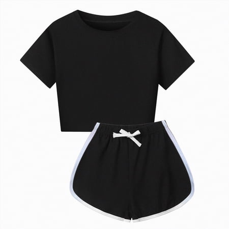 Linfrsh Toddler Girl Outfit Kid Toddler Girl Clothes Summer Ruffle Sleeve Figure Graphic Shirt + Shorts Summer Outfits Set(Black 11-12 Years)
