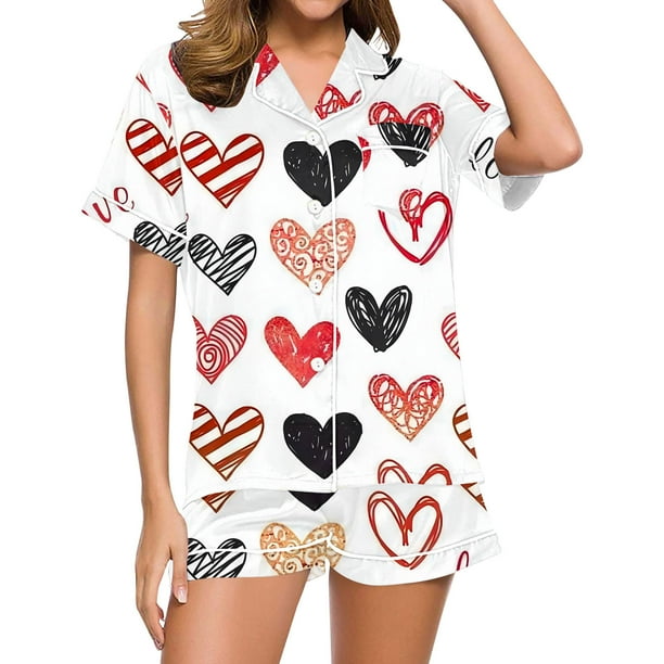 Conjunto de Verano para las Mujeres Día de San Valentín Amor Impreso Cuello de Manga Corta con Pantalones Cortos, Poliéster Ligero para el Uso Informal