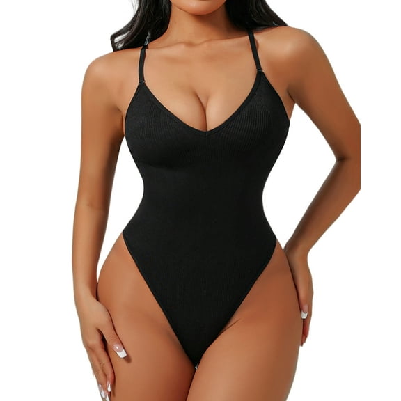 USEASY Seamless Shapewear Bodysuits for Women Tummy Control Thong Bodysuits V Neck Thong Body Shaper with Adjustable Straps