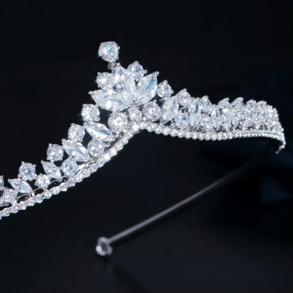 Silver Plated White CZ Drop Queen Tiara Crown Headband Bridal Hair Accessories