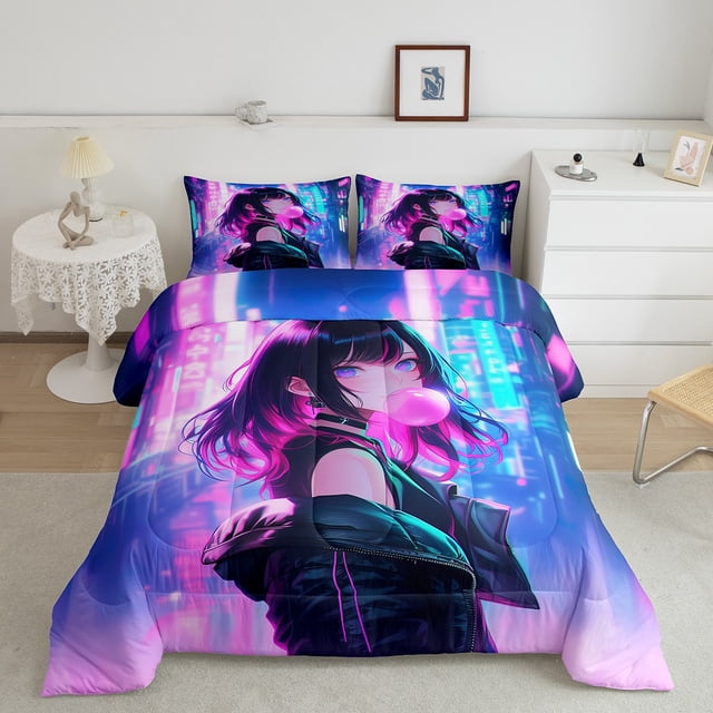 Erosebridal Japanese Girl Bedding Twin Comforter Set, Gradient Neon Watercolor Down Comforter, Anime Decor, Reversible