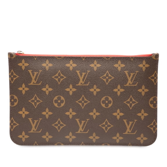 Pre-Owned Louis Vuitton Monogram Neverfull MM with attached pouch in brown and red. Women's.