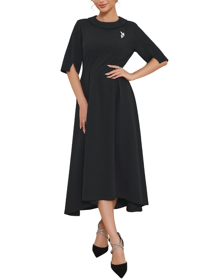 INSPIRE CHIC Women's Formal Dress Vintage Collared Half Sleeve Church Evening A-Line Dresses 2XL Black