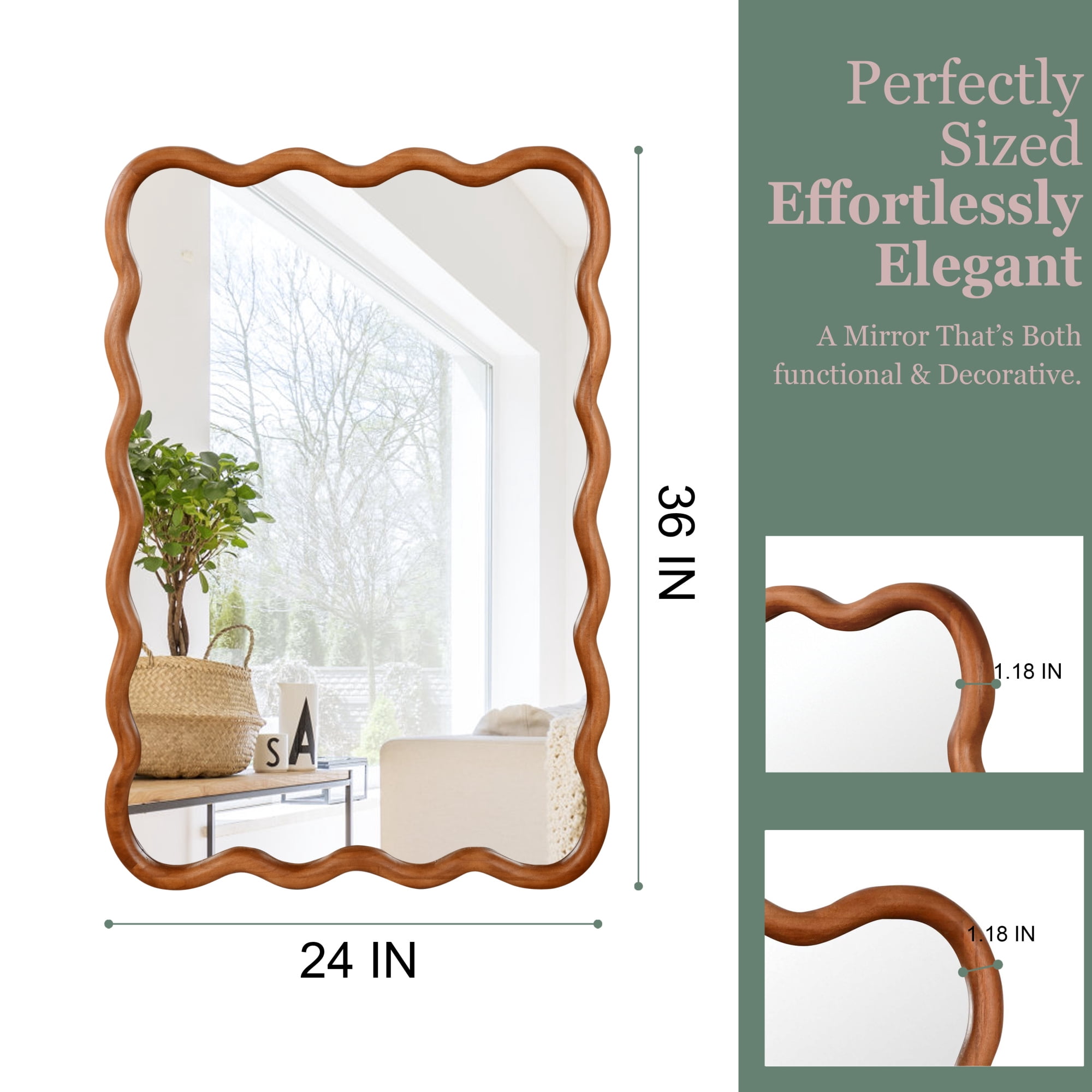 Leumius 24"x36" Wavy Rectangle Mirror, Solid Wood Frame Decorative Mirror for Bedroom Bathroom Living Room Entryway Brown