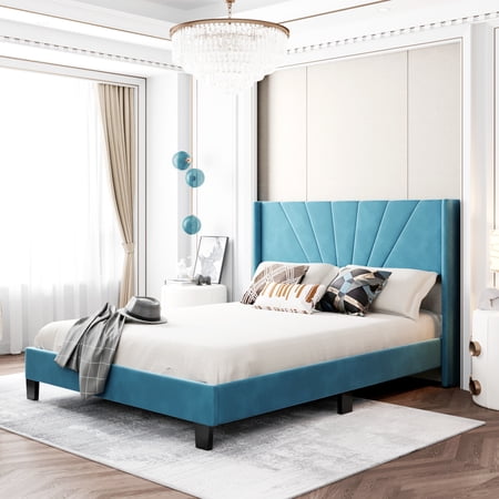 CLEARANCE! Queen Size Velvet Upholstered Platform Bed  Box Spring Needed - Blue