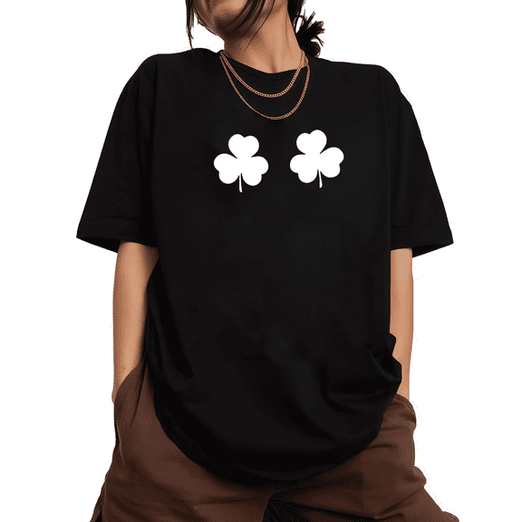 Black St Patricks Day Print Tshirt Graphic Tees Shirts Double White Clover Festive Casual Basic Tops Sizes S-5XL