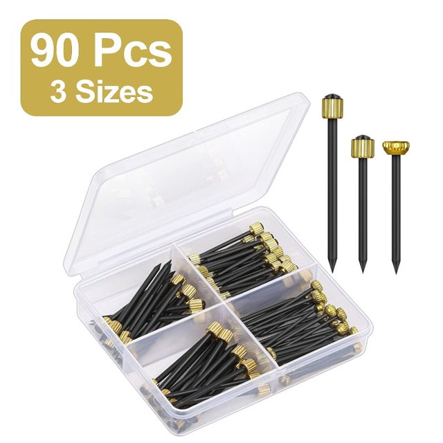 90 clavos para colgar cuadros, clavos dorados para colgar cuadros, colgador de marcos de fotos con caja de almacenamiento de plástico, clavos de acero negro (3 tamaños)