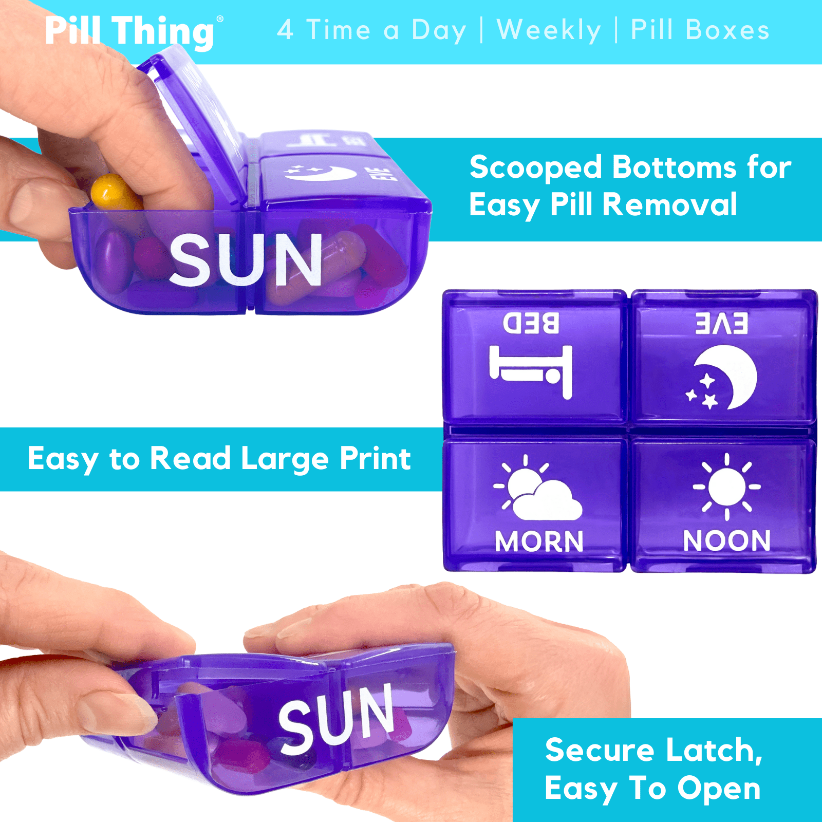 Large Weekly 4-Time Daily Pill Organizer, 7 Day Color-Coded Pill Boxes with Spacious Compartments, Snap-In Tray, BPA-Free, Medical Alert Card, 1 Pack