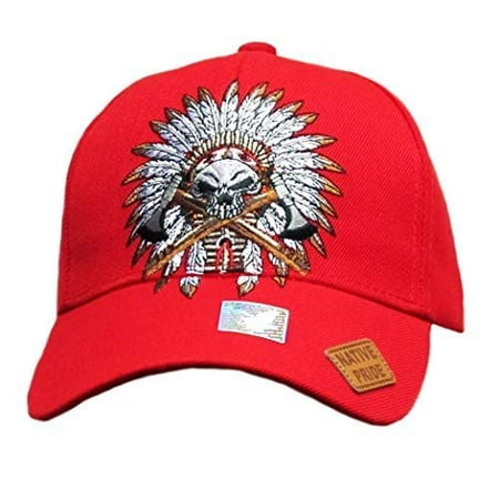 Wildbill's Native Pride Skull with Headdress Embroidery Adjustable Red Baseball Cap