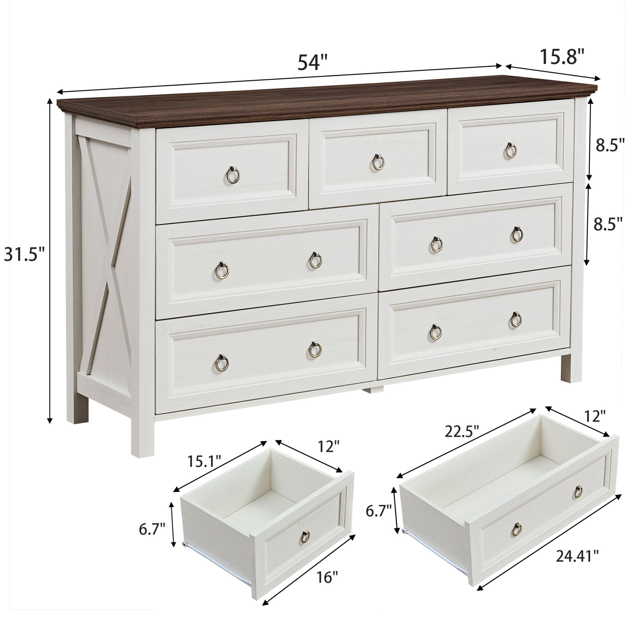 AENKYO Farmhouse Dresser with 7 Drawers, Storage Drawer Chest for Home, Cream White & Rustic Brown Finish