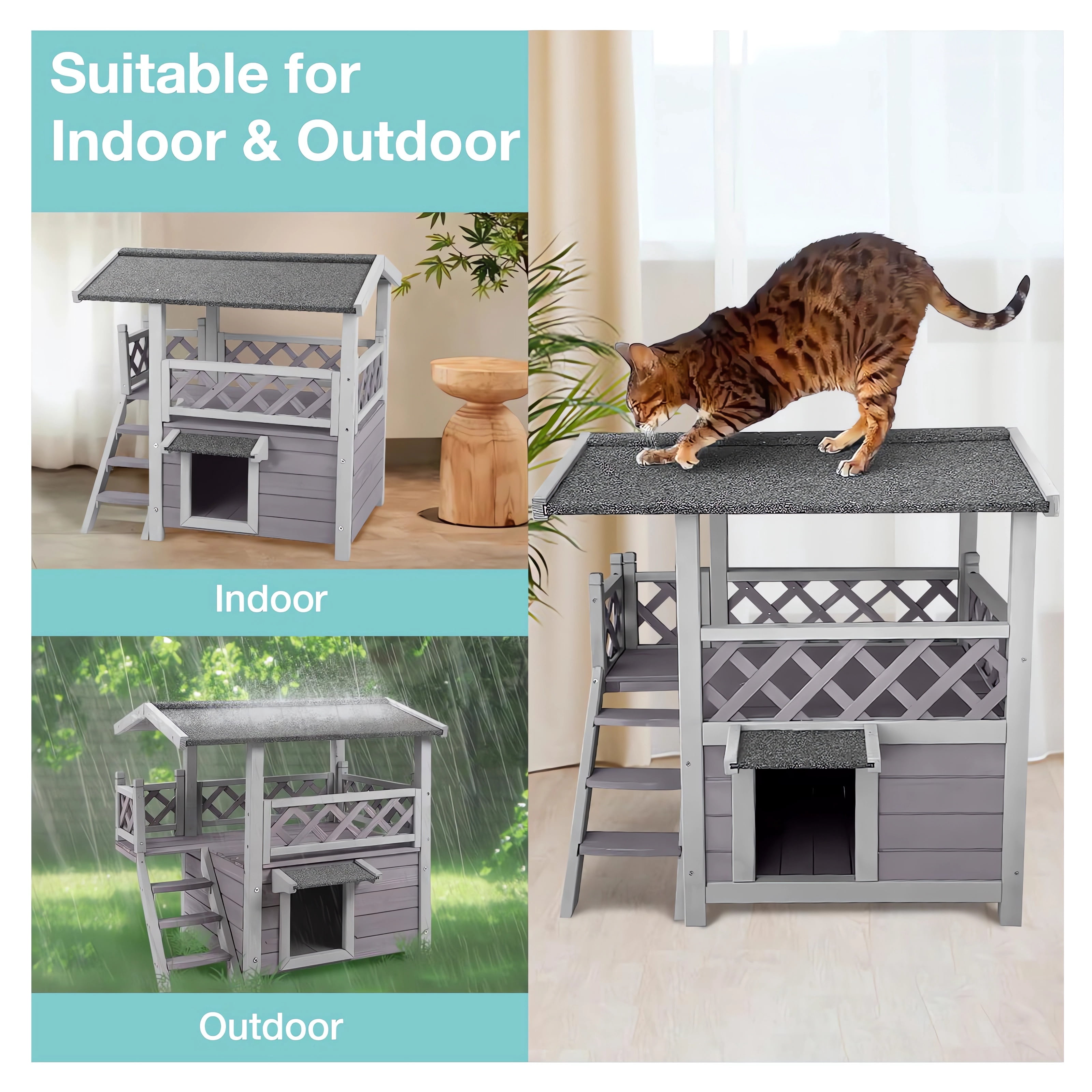 Aivituvin Feral Cat Shelter Outdoor Weatherproof Houses for Cats Two Story Wooden Cat House Outside Feral Cat House with Balcony Waterproof