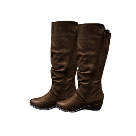 

Zodanni Women Vintage Riding Boots Walking Round Toe Tall Casual Non-slip Side Zip Winter Shoes Coffee 7