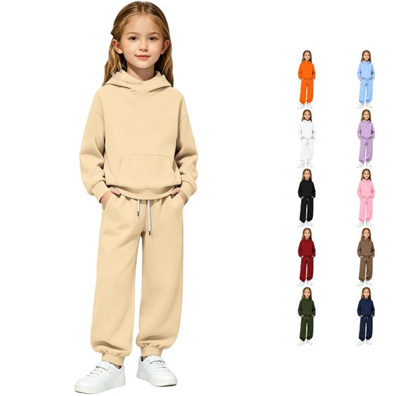 GobdXE Solid Boys Girls 2 Piece Outfit Hooded Sweatshirt Jogger Pants Casual Kids Tracksuit Clothing Set Beige,12-13 Years