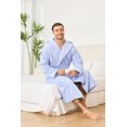 thumbnail image 4 of Vulcanodon Men Fleece Robe, Plush Hooded Lightweight Bathrobe Long Soft Warm House Coat with Pockets,(Light Blue Stripe,S-M), 4 of 5