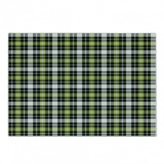Abstract Cutting Board, Square Shaped Horizontal and Vertical Lines Geometric Style Art Print, Decorative Tempered Glass Cutting and Serving Board, Small Size, Black Grey Lime Green, by Ambesonne