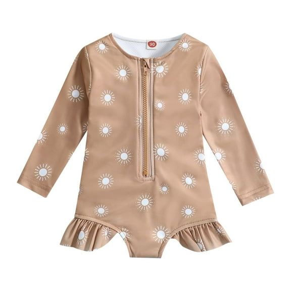 ZACPNCV Toddler Baby Girls Bikini Beach Swimwear Zipper Swimsuit UPF 50 and Rash Guard One Piece Long Sleeve Bathing Suit Coffee 9-12 Months