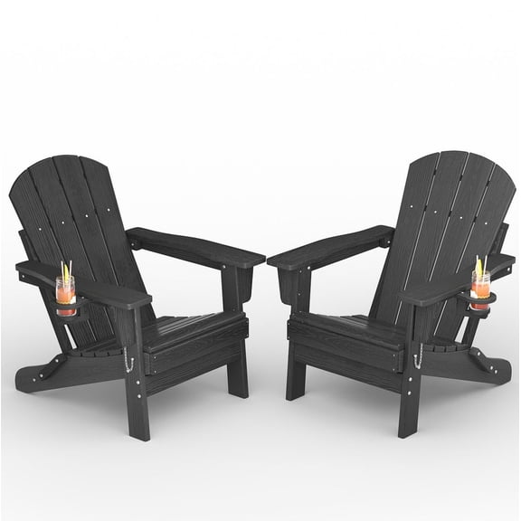 Folding Adirondack Chair Set of 2, All-Weather HDPE Outdoor Chair, Wooden Textured with Cup Holder for patios, Decks, Gardens, fire pits, Black