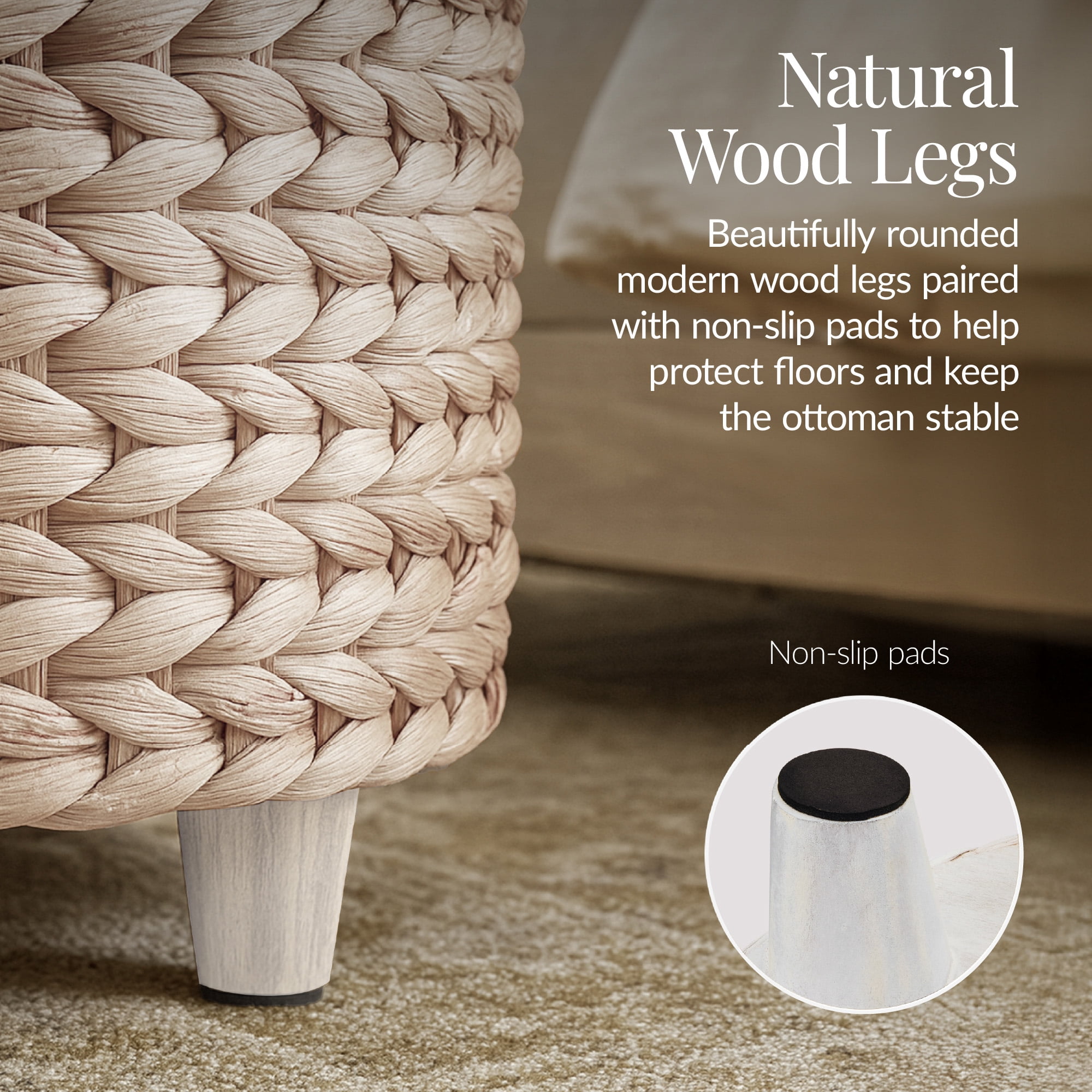 Best Choice Products 17" Round Storage Ottoman with Lid - Handwoven Water Hyacinth Modern Footstool, Whitewash