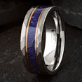 thumbnail image 4 of Dark Blue Wedding Band Ring for Men Black Tungsten Carbide with Crushed Lapis Lazuli Inlay Rose Gold Stripes, 4 of 6