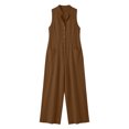 thumbnail image 6 of VBVC Women's Cotton Linen Button Front Jumpsuit , Sleeveless Baggy Overall For Women , Ladies' Summer Wide Leg Romper with Pockets, Brown , S-2XL, 6 of 7