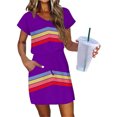 thumbnail image 2 of Levmjia Women's Casual Stripe Print Dress Short Sleeve V Neck Loose Fit Summer Dress with Drawstring Waist Front Pockets A Line Tunic Dress for Women, 2 of 6