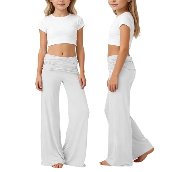 OGLCCG Girls Wide Leg Yoga Pants Flowy Foldover High Waisted Palazzo Baggy Lounge Trousers Athletic Workout Flare Leggings 5-14 Years