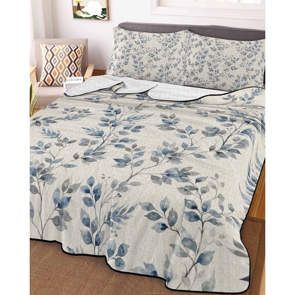Navy Blue Leaves Twin Size Down Alternative Comforter,Lightweight Comforter Quilt Bedding Set with Pillow Shams Vintage Summer Botanical Farmhouse Rustic Bed Comforter Duvet Insert 68"x86"