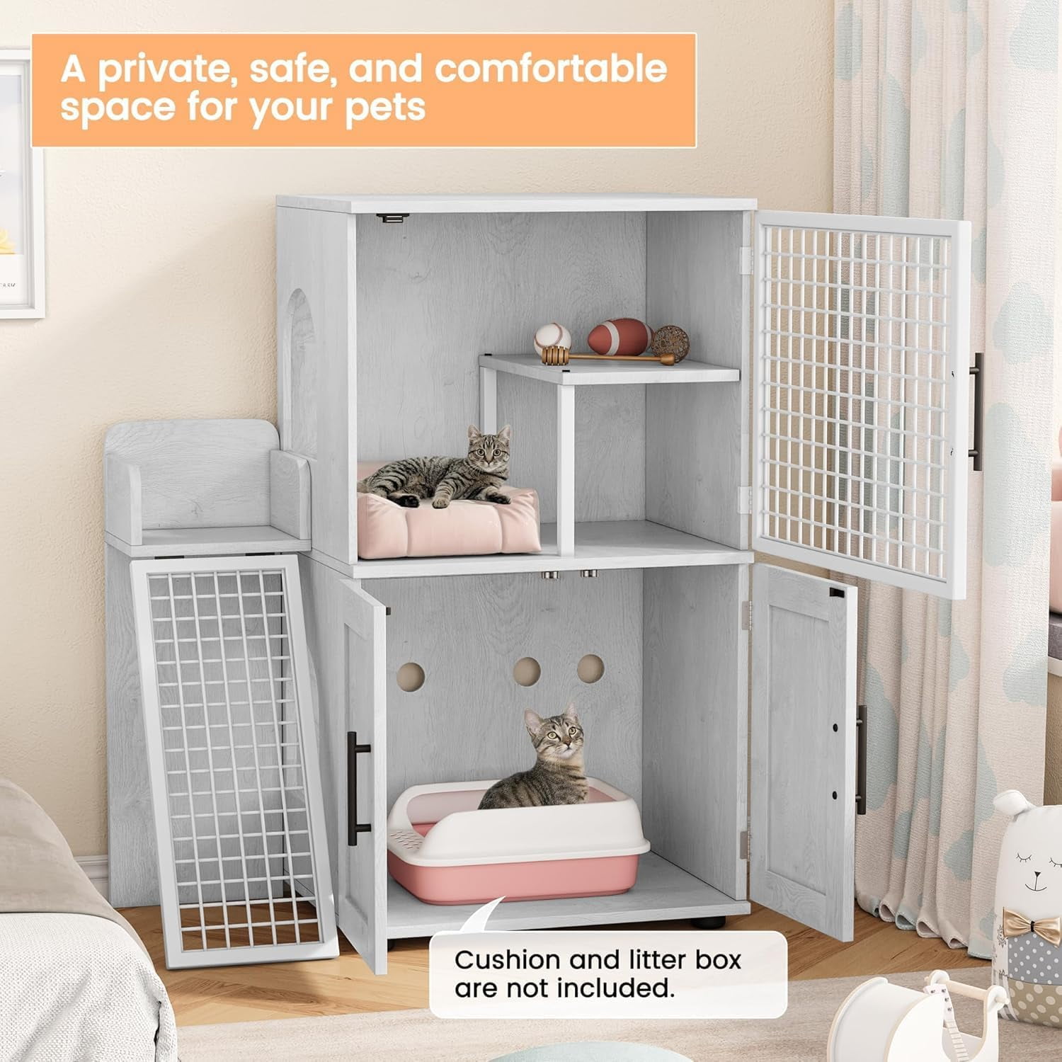 Modern Villa Litter Box Enclosure with Platform – Double Layer Hidden Furniture for Indoor Cats, Washroom Cat House with Ladder, 33.5" L x 17.9" W x 41.9" H, Stylish Enclosed Cat Litter Box