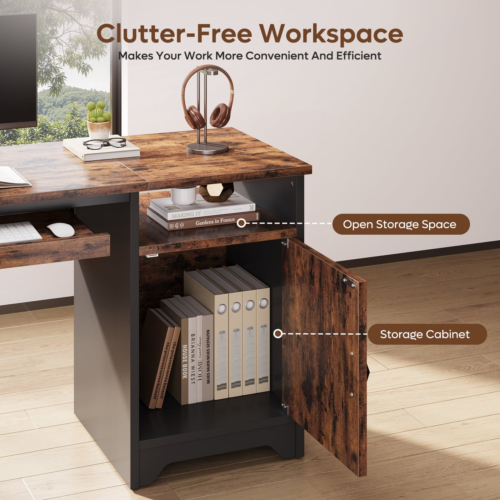 Bestier 47" Computer Desk Reversible Home Office Desk Executive PC Table with Keyboard Tray and Storage Cabinet, Rustic Brown