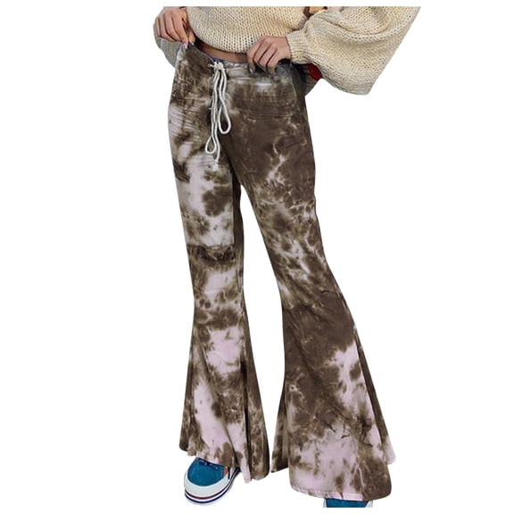 Bell Bottom Pants for Women Elastic Waist Drawstring Wide Leg Pants Trendy Tie Dye Baggy Flowy Flared Lounge Trousers