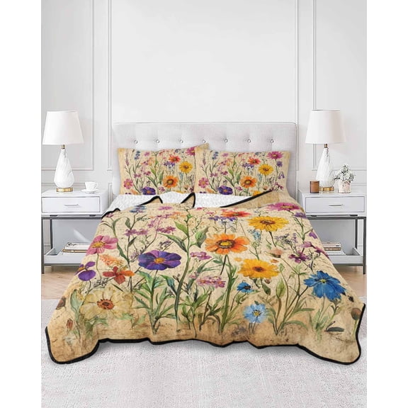 Quilts Twin Size, Vintage Spring Floral Soft Comforter Bedding Set for Bed, Summer Botanical Pastoral Flowers Lightweight Quilted Bedspread with Pillow Cover(2 Pieces) for All Season, 68x86 Inch