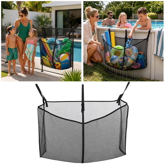 Forestwhale Hanging Storage Organizer for Pool Gear Large Heavy Duty Mesh Equipment Bag with Adjustable Straps Space-Saving Swim Accessory Holder (Black)