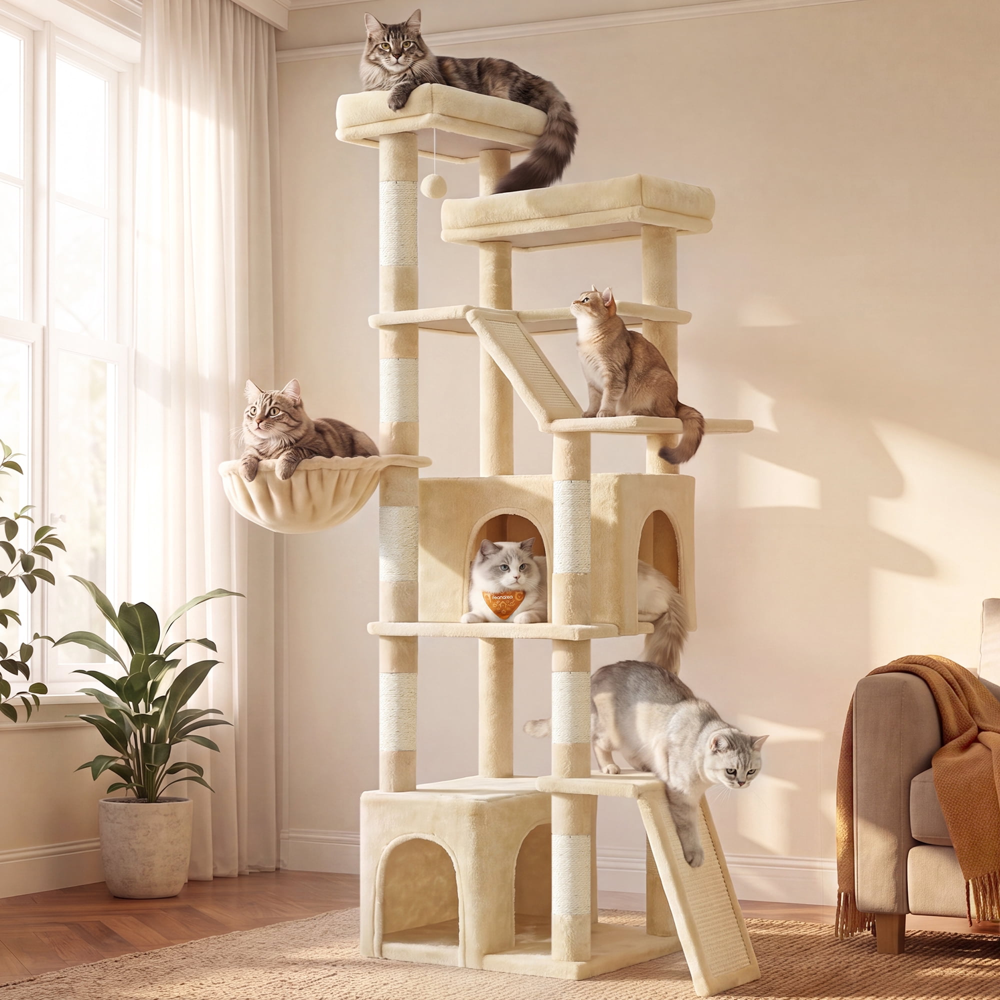 Feandrea 72.6-Inch Tall Cat Tree Tower for Indoor Extra Large Cats, Scratching Posts, Scratching Boards, Multi-Level Design, Summer Sand