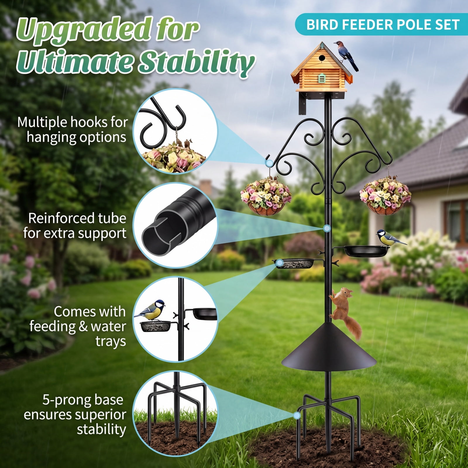 Heavy Duty Bird Feeder Pole,92 Inch Squirrel Proof Adjustable Bird Feeding Station,8 Shepherd Hooks for Feeder Stand, Includes Water Bowl and Mesh Tray,for Outdoor Garden & Yard
