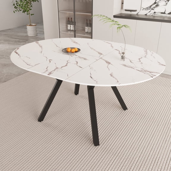 47"-63" Extendable Dining Table for 4-6, Modern Kitchen Table with Heavy Duty Base, Oval Dining Room Table for Living Room, Easy Assembly, White