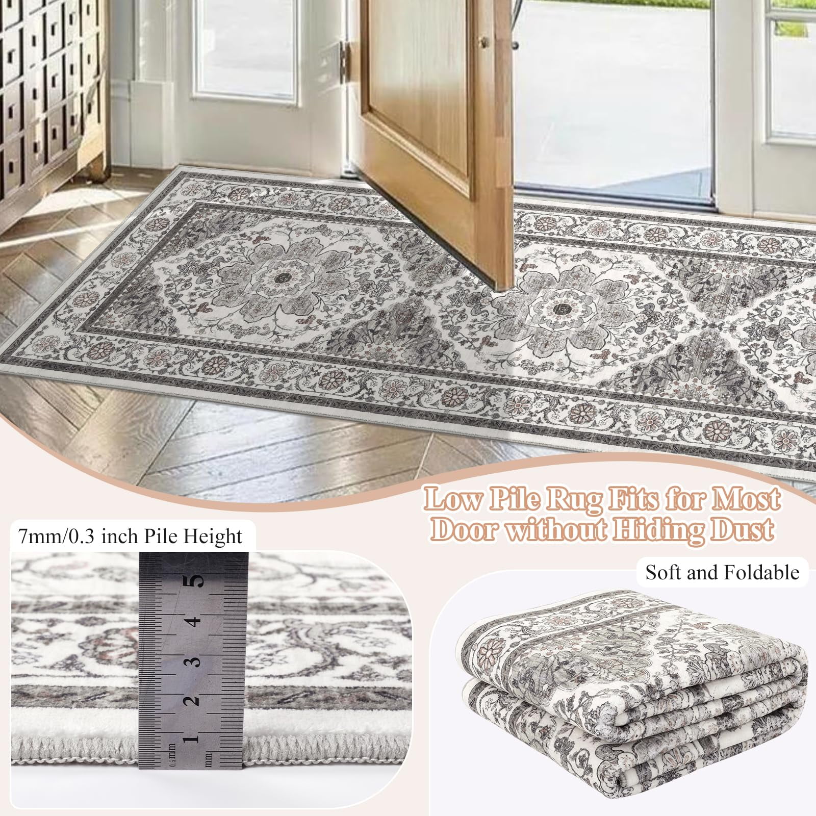 Findosom 2'x10' Runner Rugs for Hallway Machine Washable Runners Rug,Vintage Runner Rug Non Slip Kitchen Runner Rug Medallion Carpet Runner for Bedroom Laundry Entrance,Gray