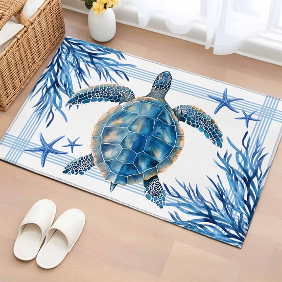 2x3 Ft Entryway Area Rug, Ocean Turtle Kitchen Rug Runner Washable Floor Mat, Blue Coastal Starfish Coral Stripes Retro Non Slip Indoor Door Mat Throw Carpet for Bathroom Living Room Bedroom