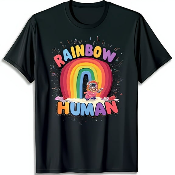 Colorful Graphic Black T-Shirt with Cartoon Person & 'HUMAN' Design