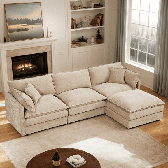 CKEASEAN 102" Chenille Modular Sectional Sofa with Ottoman, 3-Seater L-Shape Cloud Couch with Upholstered & Pillow, Comfy Cloud Sofa for Living Room, Bedroom, Apartment, Office, Easy Assembly
