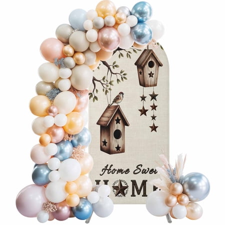 Bird Houses Arch Backdrop Cover 6 FT Sparrows Home Sweet Branch Star Linen Texture Stretchy Elastic Arch Stand Covers Spandex Arched Background Birthday Wedding Party Decoration (No Stand)