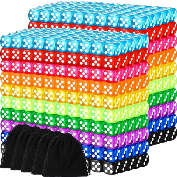Syhood 1000 Pcs 14mm Colored Dice Bulk Dice 6 Sided Dice Set with 5 Pieces Drawstring Pouches Standard Game Dice for Classroom Teaching Math Learning